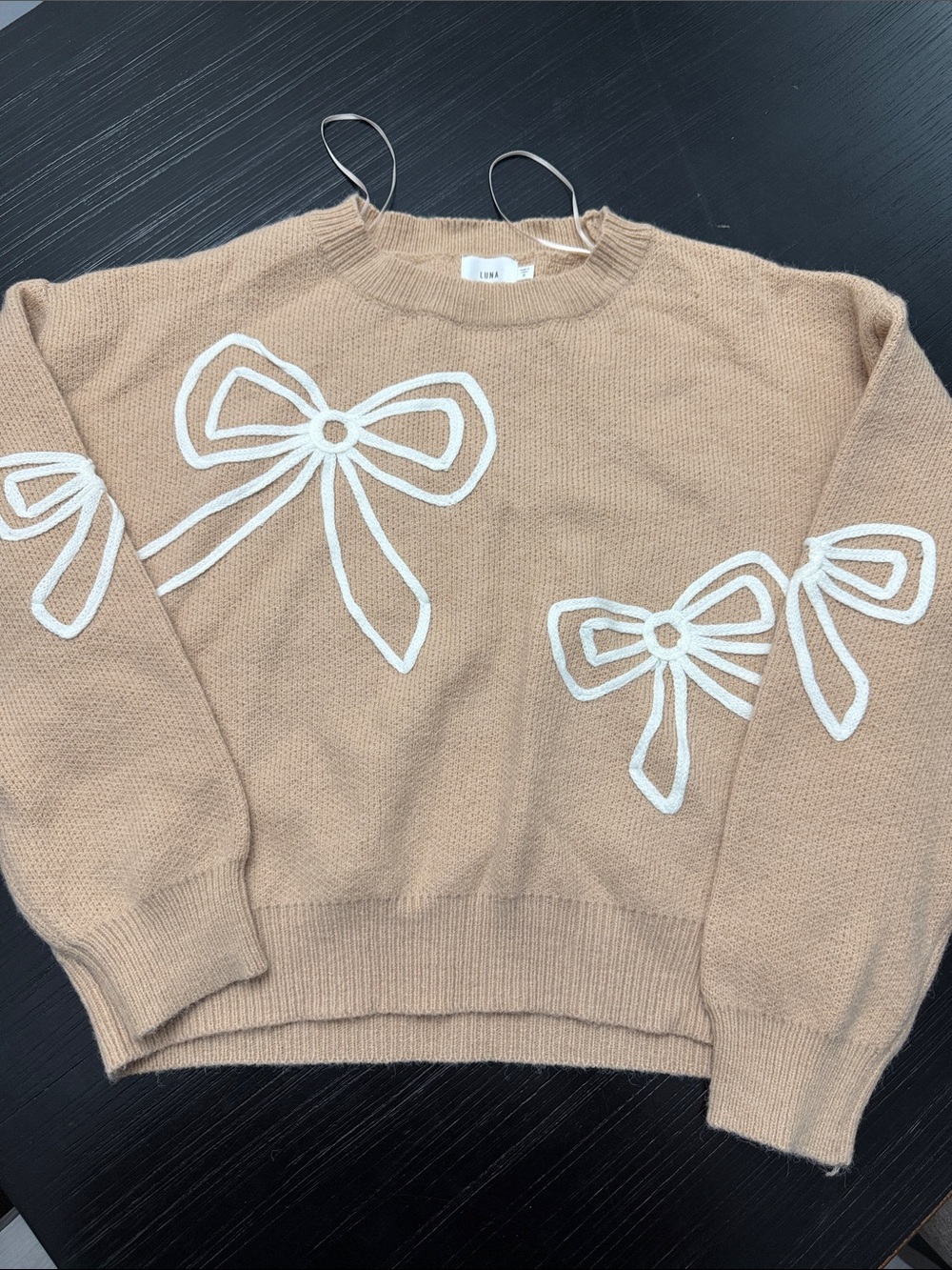 Bow-Appliqué Crewneck Sweater in Camel - LAMAR